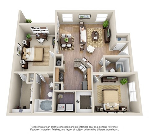 Floor plan for 2 beds, 2 baths, 1096 sqft